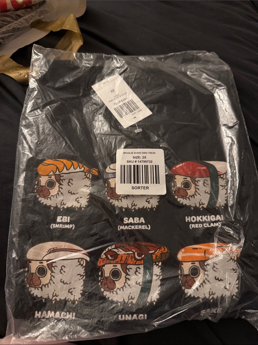 Hot Topic Black Short Sleeve Tee with Colorful Sushi Characters